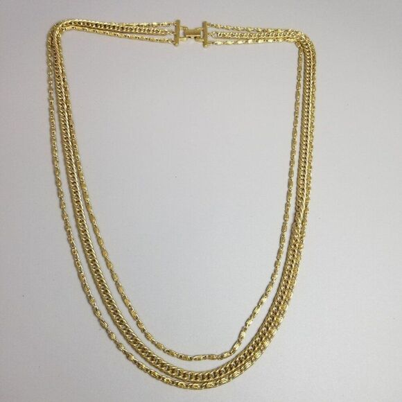Vintage Three Strand Gold Tone Long Chain Necklace, Snail Links, 24 Inches Long - Picture 3 of 6
